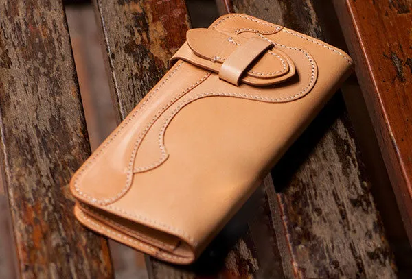 Handmade beige leather men biker wallet Long wallet with multi cards clutch for men