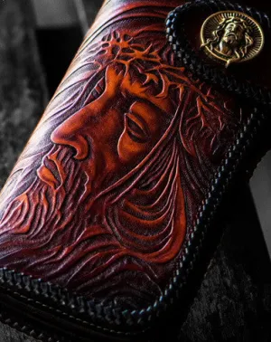 Handmade biker chain wallet black brown leather Jesus carved biker wallet Long wallet