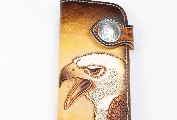 Handmade biker trucker wallet leather chain men eagle carved tooled wallet