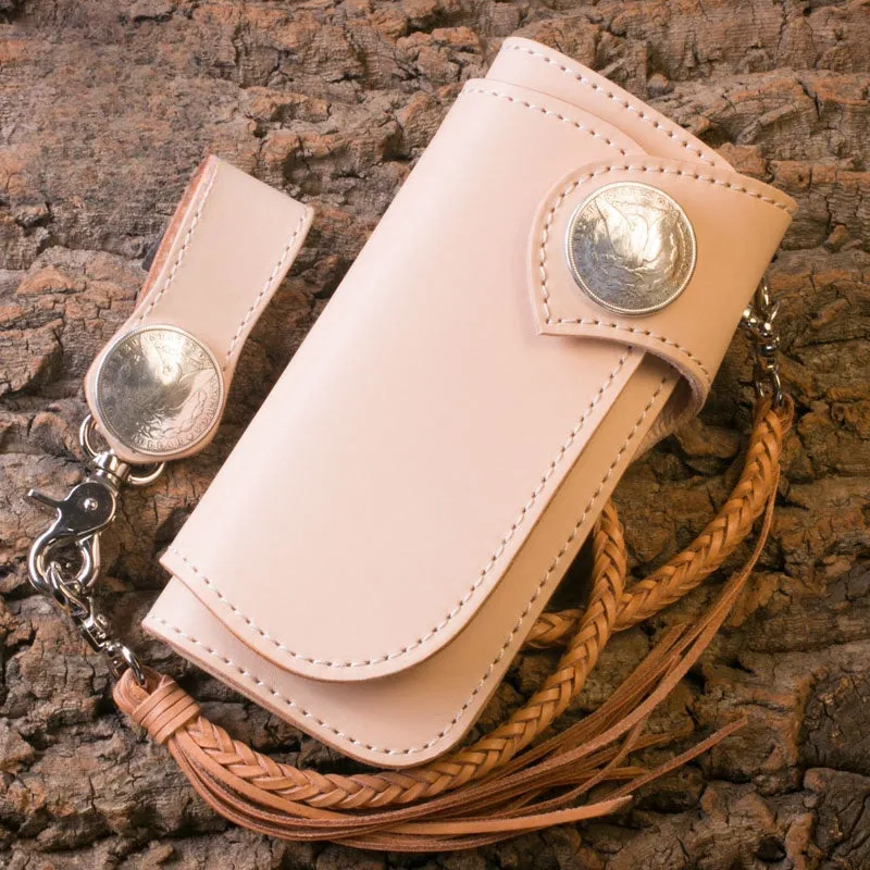 Handmade Biker Wallet beige Leather Biker Wallet with Chain Bifold Long Wallet for Men