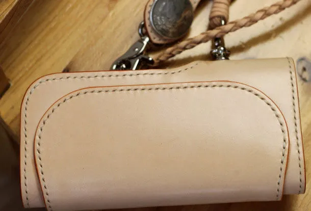 Handmade Biker Wallet beige Leather Biker Wallet with Chain Bifold Long Wallet for Men