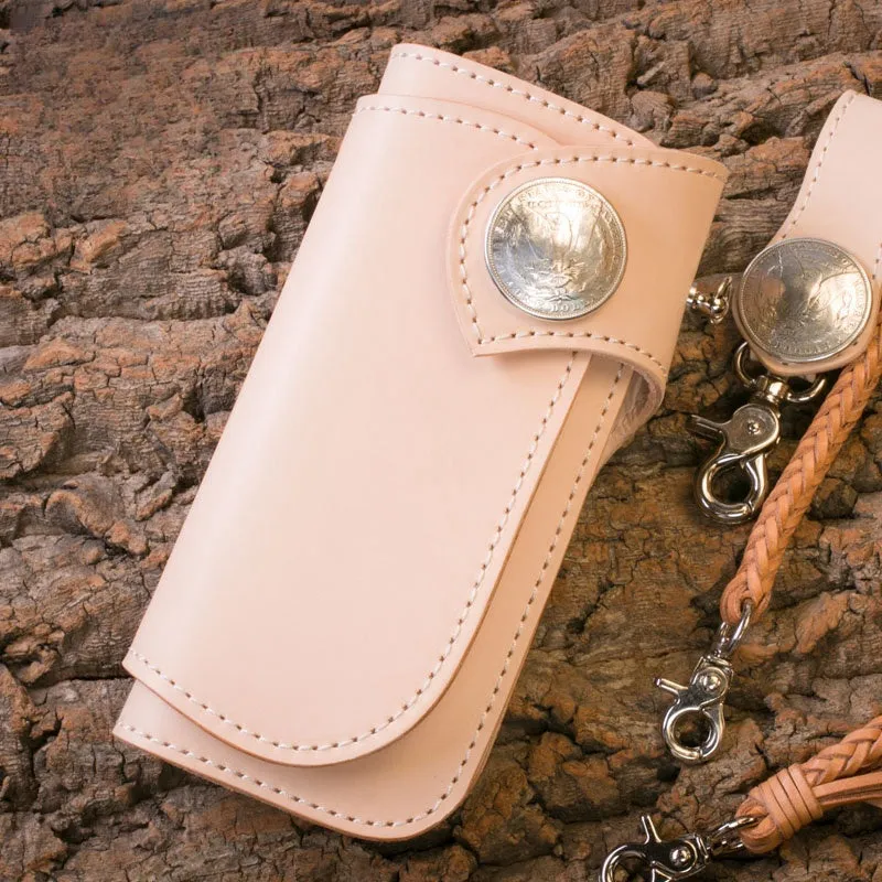 Handmade Biker Wallet beige Leather Biker Wallet with Chain Bifold Long Wallet for Men