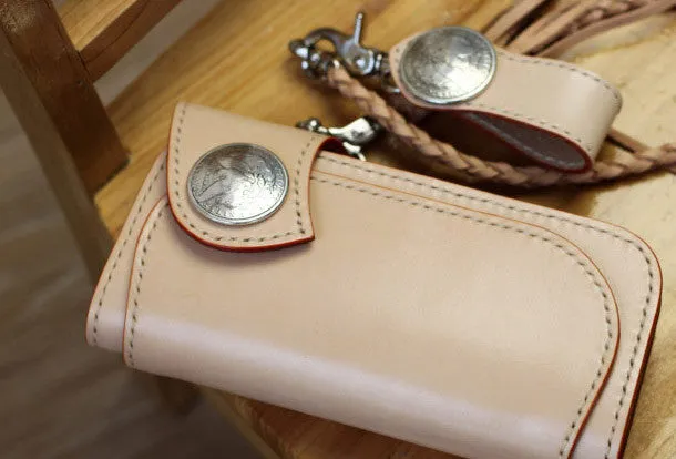 Handmade Biker Wallet beige Leather Biker Wallet with Chain Bifold Long Wallet for Men