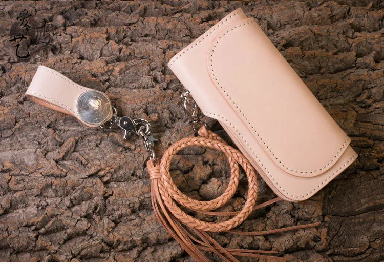 Handmade Biker Wallet beige Leather Biker Wallet with Chain Bifold Long Wallet for Men