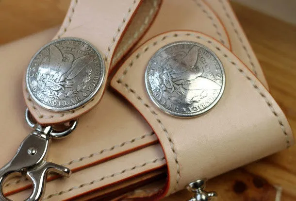 Handmade Biker Wallet beige Leather Biker Wallet with Chain Bifold Long Wallet for Men