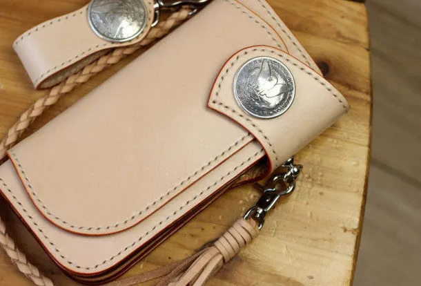 Handmade Biker Wallet beige Leather Biker Wallet with Chain Bifold Long Wallet for Men
