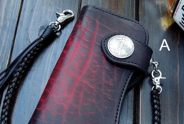Handmade biker wallet black leather punk long trucker wallet chain bifold long wallet for men