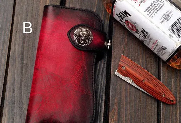 Handmade biker wallet black leather punk long trucker wallet chain bifold long wallet for men