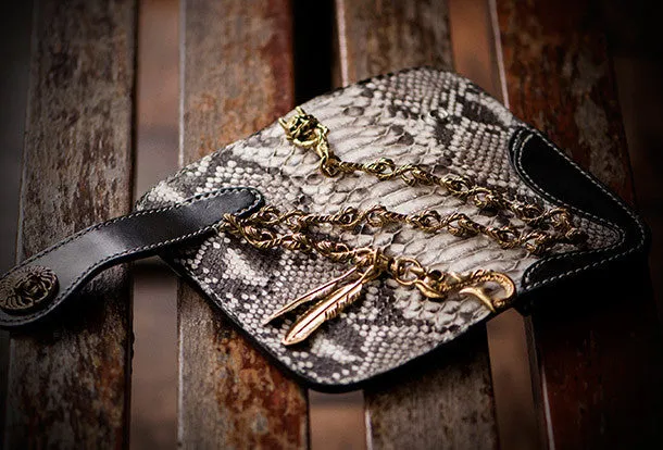 Handmade biker wallet black white leather boa snakeskin biker wallet Long wallet for men