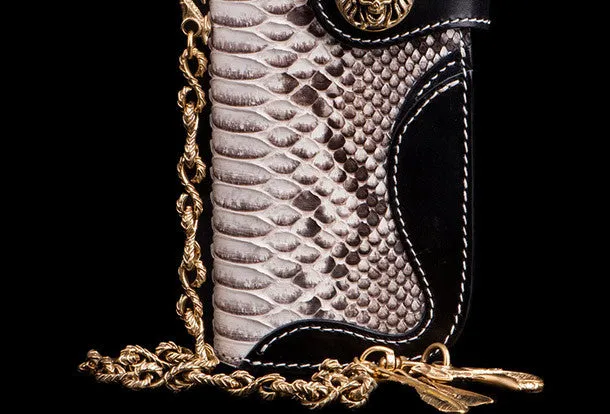 Handmade biker wallet black white leather boa snakeskin biker wallet Long wallet for men