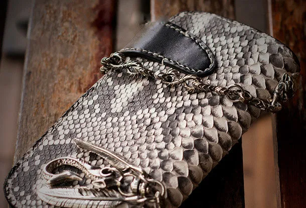 Handmade biker wallet black white leather boa snakeskin biker wallet Long wallet for men