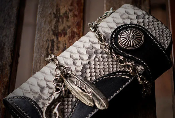 Handmade biker wallet black white leather boa snakeskin biker wallet Long wallet for men