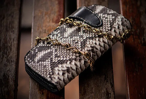 Handmade biker wallet black white leather boa snakeskin biker wallet Long wallet for men