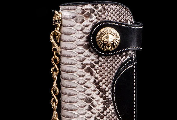Handmade biker wallet black white leather boa snakeskin biker wallet Long wallet for men