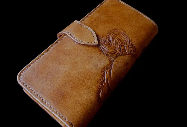 Handmade biker wallet leather bifold vintage galloping horse leather long wallet for men