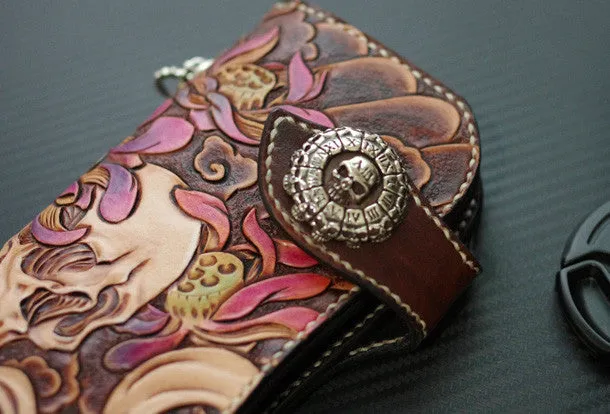 Handmade biker wallet vintage hand painting skull flower leather biker long wallet for men