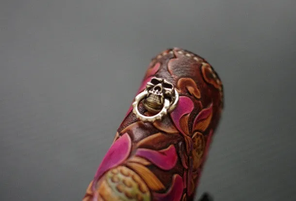 Handmade biker wallet vintage hand painting skull flower leather biker long wallet for men