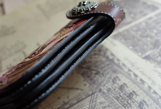 Handmade biker wallet vintage hand painting skull flower leather biker long wallet for men