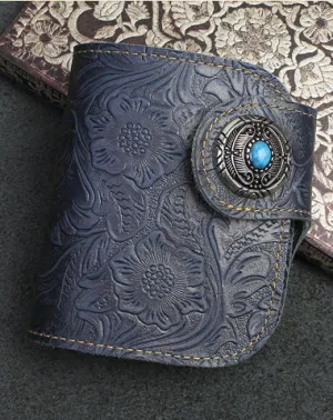 Handmade billfold Bifold Leather Wallet Floral Leather Botton billfold Wallet For Men Women