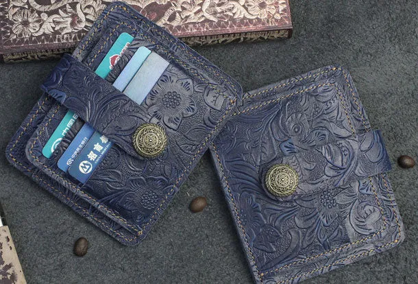 Handmade billfold Leather Wallet Cards Wallet Flowral Leather billfold Wallet For Men Women