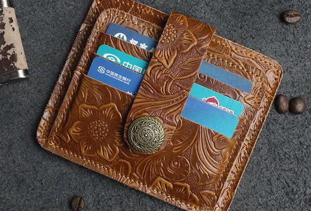 Handmade billfold Leather Wallet Cards Wallet Flowral Leather billfold Wallet For Men Women