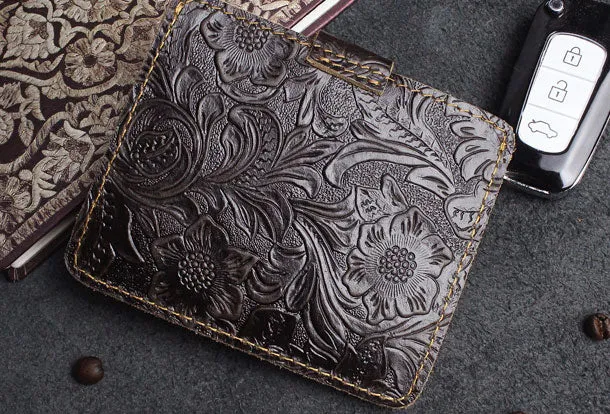 Handmade billfold Leather Wallet Cards Wallet Flowral Leather billfold Wallet For Men Women