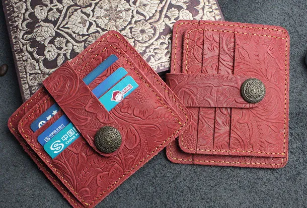 Handmade billfold Leather Wallet Cards Wallet Flowral Leather billfold Wallet For Men Women