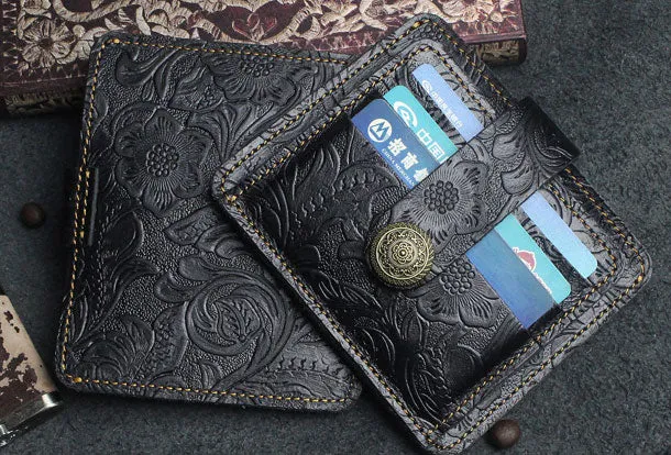 Handmade billfold Leather Wallet Cards Wallet Flowral Leather billfold Wallet For Men Women
