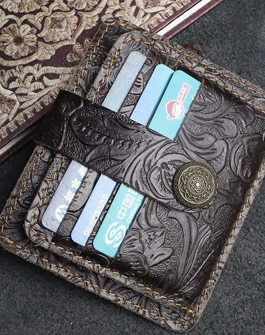 Handmade billfold Leather Wallet Cards Wallet Flowral Leather billfold Wallet For Men Women