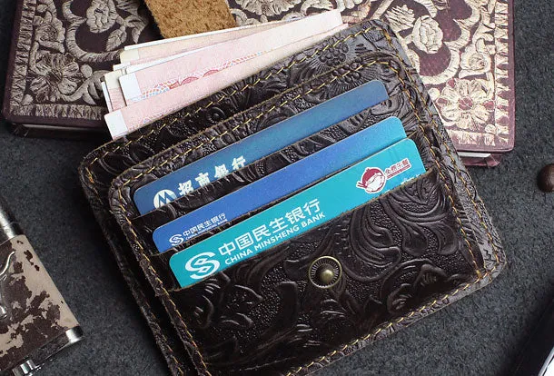 Handmade billfold Leather Wallet Cards Wallet Flowral Leather billfold Wallet For Men Women