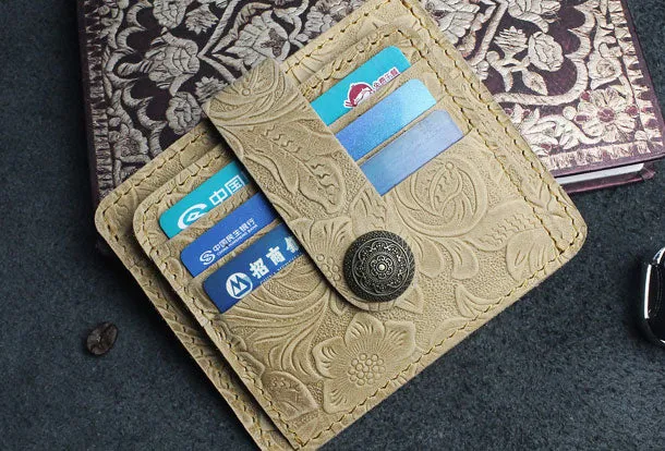 Handmade billfold Leather Wallet Cards Wallet Flowral Leather billfold Wallet For Men Women