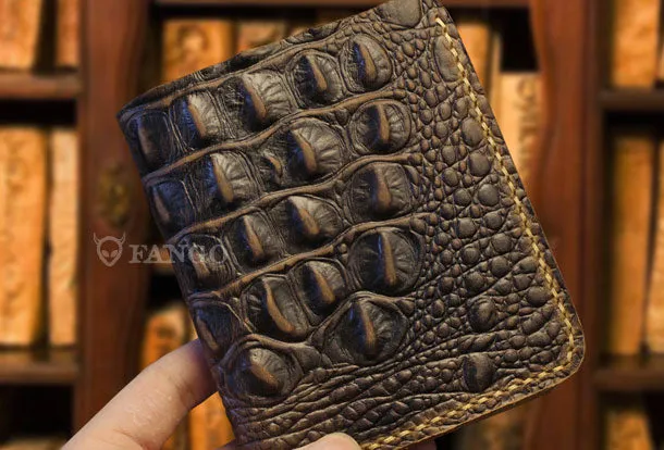 Handmade billfold leather wallet crocodile style leather billfold wallet for men women