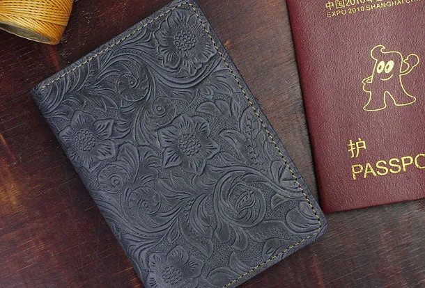 Handmade billfold Leather Wallet Floral Leather billfold Passport Wallet Purse For Men Women