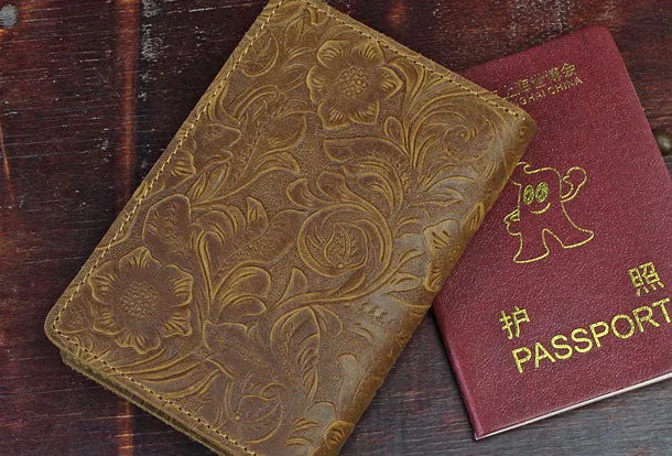 Handmade billfold Leather Wallet Floral Leather billfold Passport Wallet Purse For Men Women