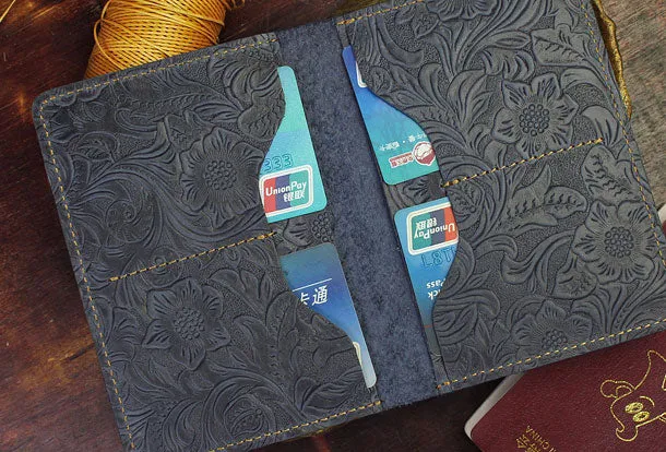Handmade billfold Leather Wallet Floral Leather billfold Passport Wallet Purse For Men Women