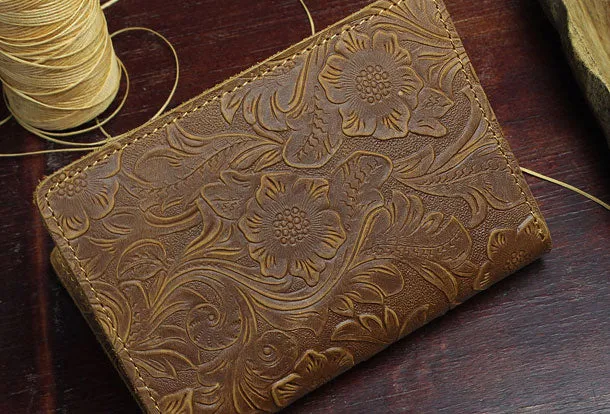 Handmade billfold Leather Wallet Floral Leather billfold Passport Wallet Purse For Men Women