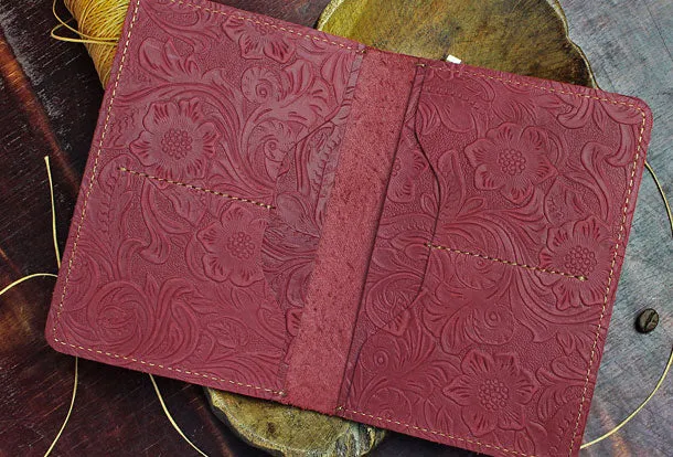 Handmade billfold Leather Wallet Floral Leather billfold Passport Wallet Purse For Men Women