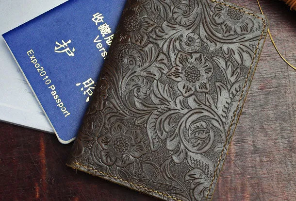 Handmade billfold Leather Wallet Floral Leather billfold Passport Wallet Purse For Men Women