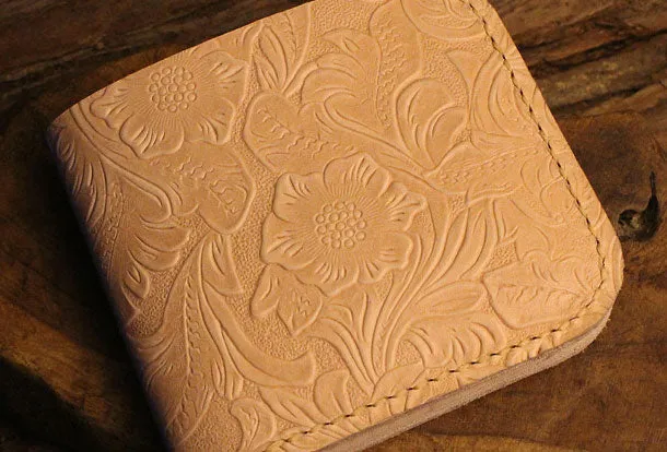 Handmade billfold leather wallet floral leather billfold wallet for men women