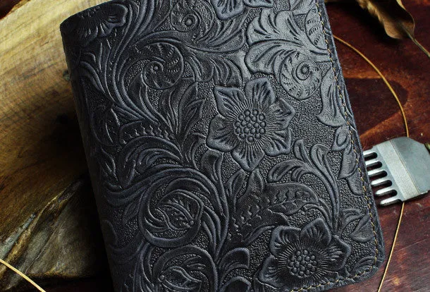 Handmade billfold leather wallet flowral leather billfold wallet for men women