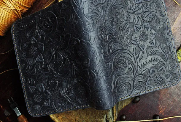 Handmade billfold leather wallet flowral leather billfold wallet for men women