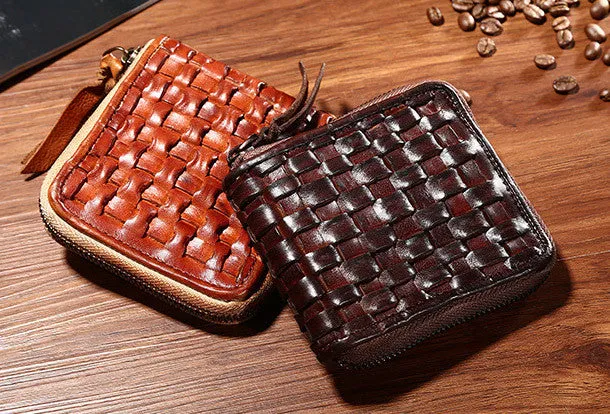 Handmade billfold leather wallet men zip braided leather billfold wallet for men him