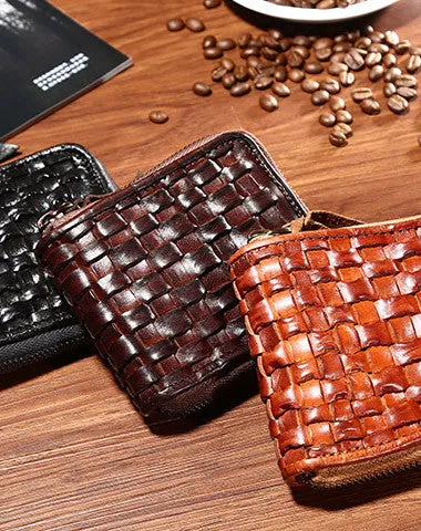 Handmade billfold leather wallet men zip braided leather billfold wallet for men him