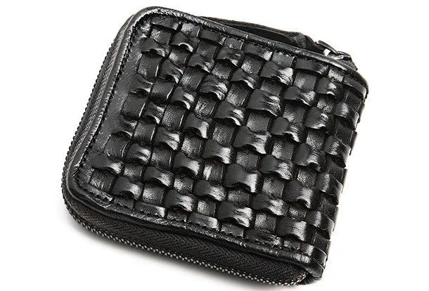 Handmade billfold leather wallet men zip braided leather billfold wallet for men him