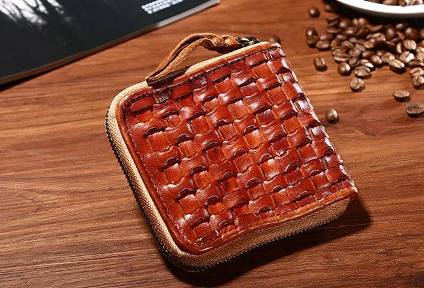 Handmade billfold leather wallet men zip braided leather billfold wallet for men him