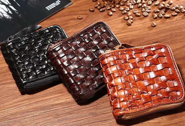Handmade billfold leather wallet men zip braided leather billfold wallet for men him