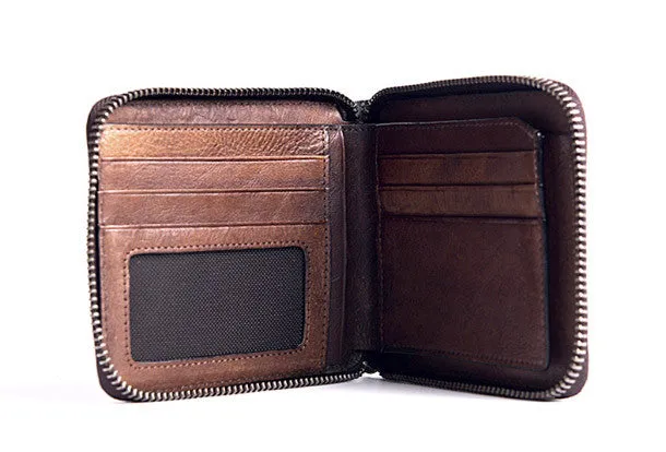 Handmade billfold wallet leather men zip multi cards vintage wallet for men