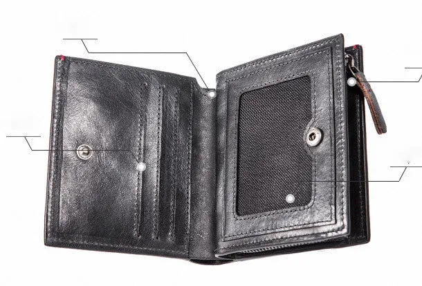 Handmade billfold wallet leather men zip multi cards vintage wallet for men