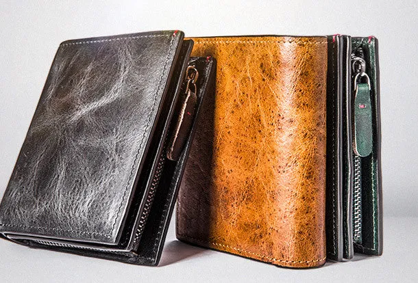 Handmade billfold wallet leather men zip multi cards vintage wallet for men