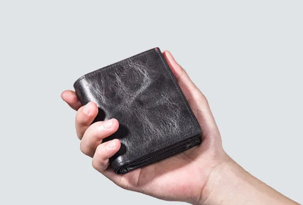 Handmade billfold wallet leather men zip multi cards vintage wallet for men